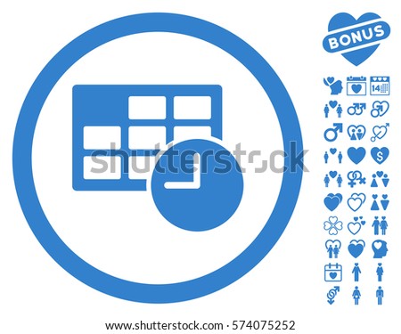 Date And Time icon with bonus valentine clip art. Vector illustration style is flat rounded iconic cobalt symbols on white background.