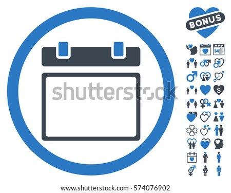 Empty Calendar Day pictograph with bonus decoration clip art. Vector illustration style is flat rounded iconic smooth blue symbols on white background.