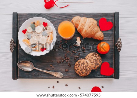 valentine day.romantic breakfast.oatmeal with fruit and cookies for shale board