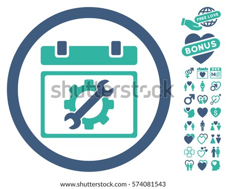 Service Day icon with bonus passion clip art. Vector illustration style is flat rounded iconic cobalt and cyan symbols on white background.