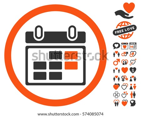 Month Calendar pictograph with bonus decorative clip art. Vector illustration style is flat rounded iconic orange and gray symbols on white background.