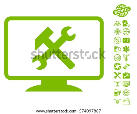 Desktop Settings icon with bonus flying drone tools clip art. Vector illustration style is flat iconic symbols on white background.