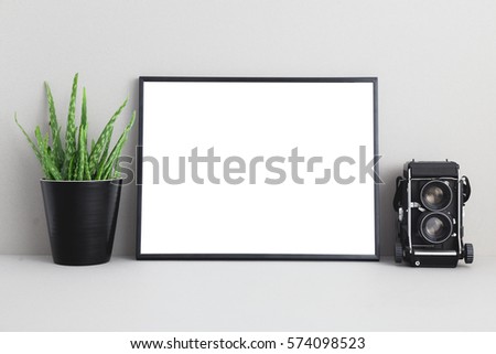 Black empty frame, aloe vera plant and camera on shelf. Mock up.