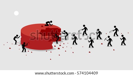 Many people rushing and scrambling to cut off a portion from a big piece of pie for themselves. Vector artwork depict profit distribution, earnings allocations, and extracting shares. 