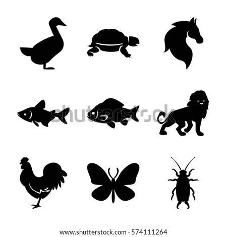 Set of 9 Animals Filled icons such as lion, fish, horse, chicken, butterfly, turtle, beetle, goose