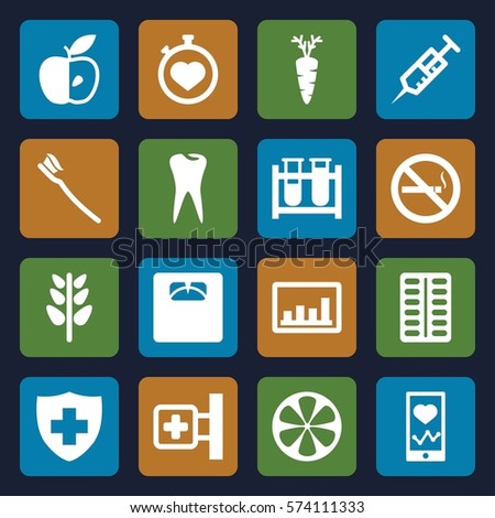 Set of 16 Health filled icons such as apple, medical cross, syringe, test tube, floor scales, pill, carrot, tooth, no smoking, tooth brush, medical sign, stopwatch, lemon, graph, heartbeat on phone
