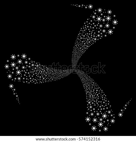 Sun fireworks swirl rotation. Vector illustration style is flat white iconic symbols on a black background. Object twirl combined from random pictograms.