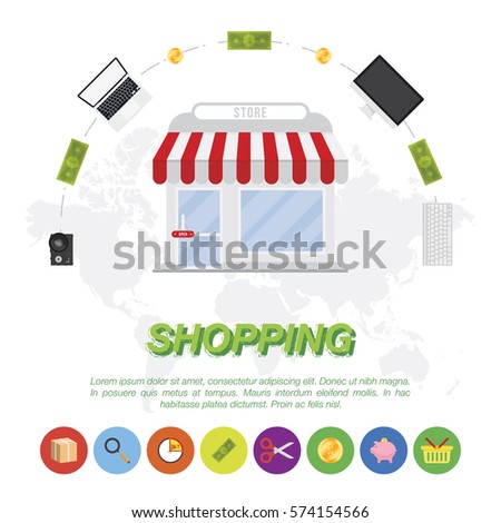 Store and gadgets on world map background. Vector illustrations on the theme of shopping.