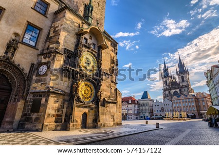 Prague Old Town Square Czech Republic, sunrise city skyline at Astronomical Clock Tower empty nobody Royalty-Free Stock Photo #574157122