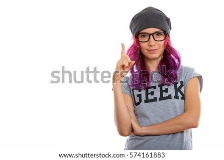 Studio shot of geek girl pointing finger up