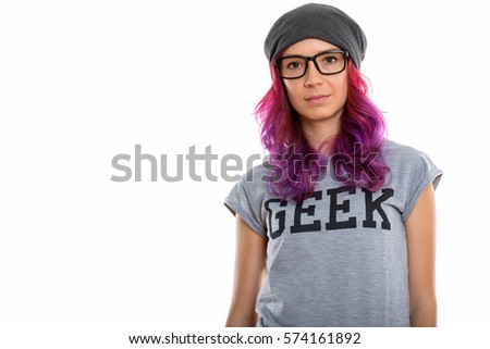 Studio shot of geek girl wearing eyeglasses