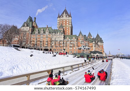Chateau Frontenac, Quebec City in winter, traditional slide descent, Canada Royalty-Free Stock Photo #574167490