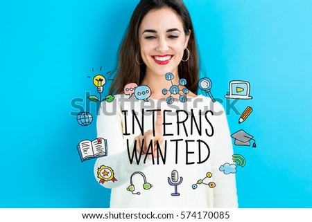 Interns Wanted text with young woman on a blue background
