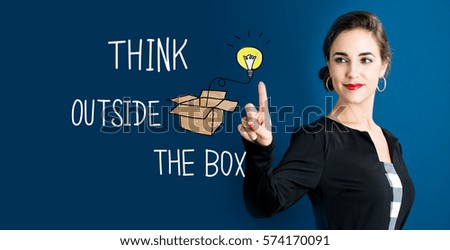 Think Outside The Box text with business woman on a dark blue background