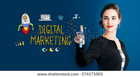 Digital Marketing text with business woman on a dark blue background