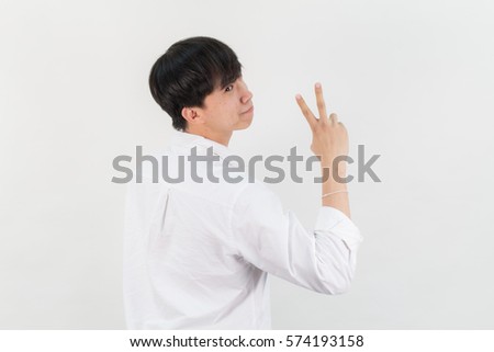 man's making victory sign isolated on white background