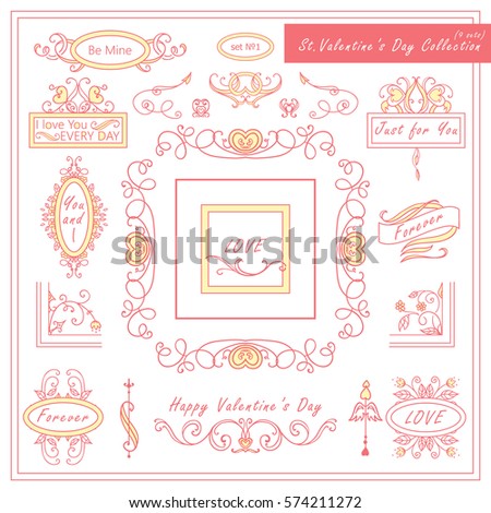 Vector set of Valentine day vintage elements for design. Ornamental frame, borders, monogram, corners, square, ribbon, arrows. Valentines day vignette. Tender pink color  