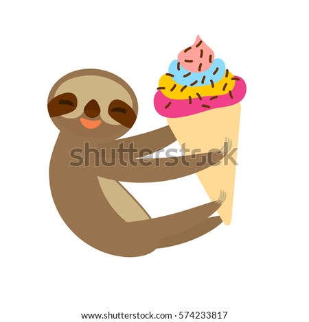 funny and cute smiling Three-toed sloth with ice cream in waffle cone on white background. Vector