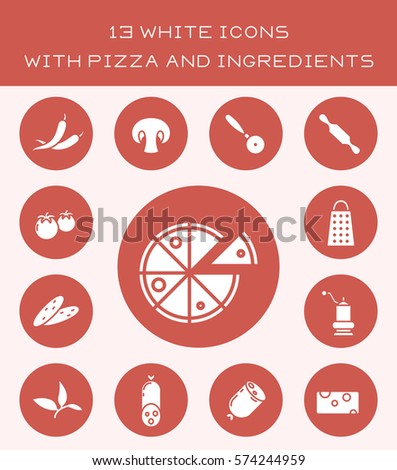 13 white icons with pizza and ingredients.