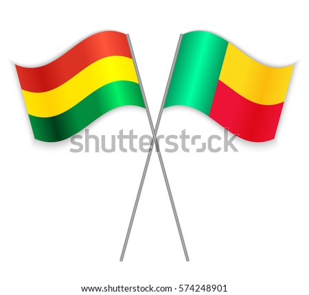 Bolivian and Beninese crossed flags. Bolivia combined with Benin isolated on white. Language learning, international business or travel concept.