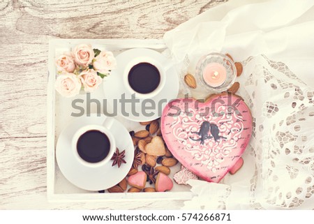 Coffee, Cookies-heart, valentine, gift on Valentine's Day, Mother's Day, gift, tray with breakfast, breakfast in bed, surprise, heart 