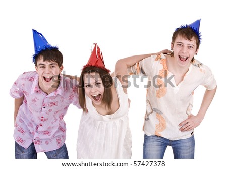 Group of teenagers celebrate birthday. Isolated.