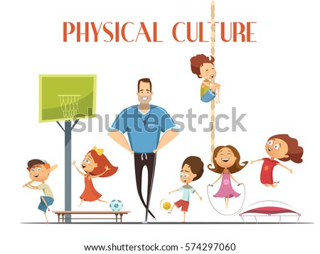 Primary school physical culture teacher enjoys modern sport facility with kids playing basketball and baseball cartoon vector illustration  