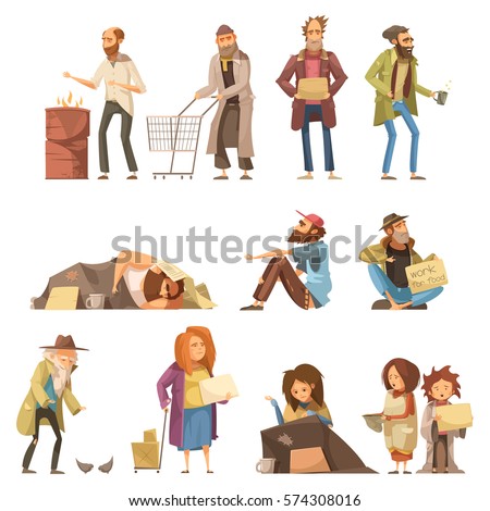 Set of homeless people including adults and kids begging money and needing help isolated vector illustration Royalty-Free Stock Photo #574308016