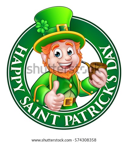 Cartoon Leprechaun character in a circle reading happy St Patricks Day giving a thumbs up and holding a pipe