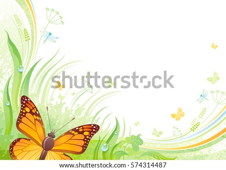 Spring flying viceroy butterfly banner border. Ecological idea. Environment friendly vector illustration. Summer landscape. Green grass, grunge pattern. Springtime nature. Watercolor background design