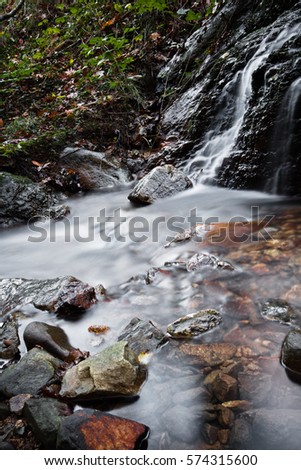 breathtaking landscapes portrait enjoying walking by satin soft river with rocks flowing in forest in autumn scenery