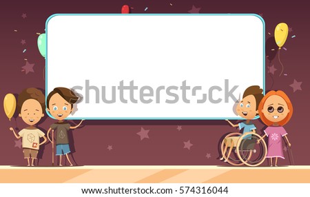 Disabled kids with white blank banner on dark background with decoration cartoon and retro design vector illustration