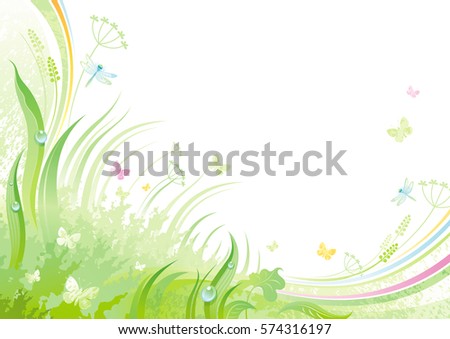Spring flying butterfly dragonfly banner border. Ecological environment friendly vector illustration. Summer landscape. Green grass, grunge pattern. Springtime nature. Watercolor background design
