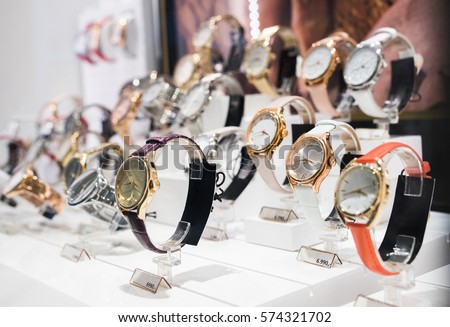 Wrist Watches in a luxury store Royalty-Free Stock Photo #574321702