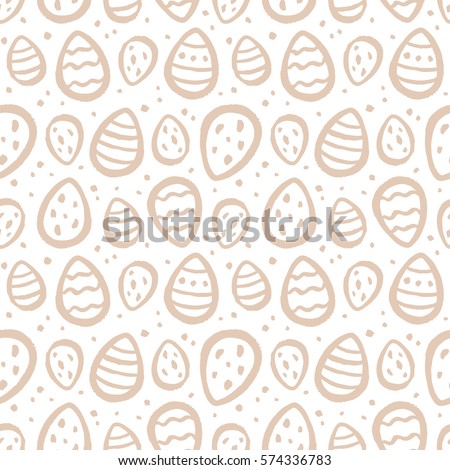 Easter eggs and specks, flecks, spots seamless vector pattern. Free hand drawn Easter background. Brush drawn painted eggs and uneven speckles, blobs, dots chaotic texture. 