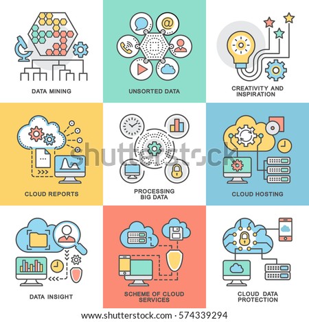 Modern contour icons of data processing, insight, mining, protection. Cloud hosting, services. The thin contour lines with color fills.