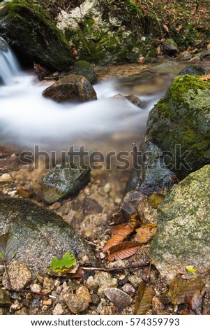 breathtaking portrait close up of colorful satin soft smooth river brook with rocks and dead leaves flowing in forest in autumn scenery 
