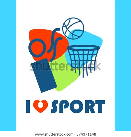 Vector flat illustration with I love sport symbol, men play with ball. Perfect for sport and fitness t-shirt, package. Simple abstract line people figure