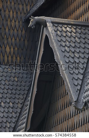 Norwegian stave church detail. Heddal. Historic building. Norway tourism. Horizontal
