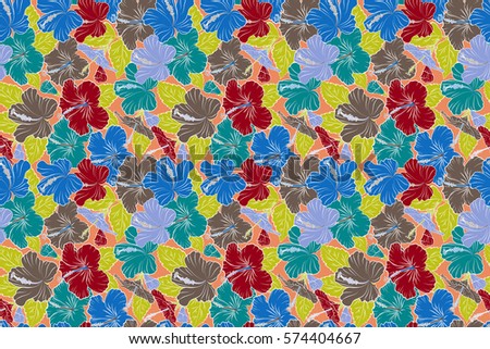 Raster floral seamless pattern. Various red, blue and yellow hibiscus hawaiian tropical flowers.