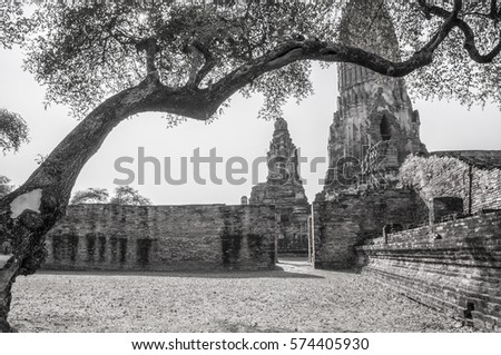Black and White Old pagoda,Ayutthaya Historical Park,Thailand 