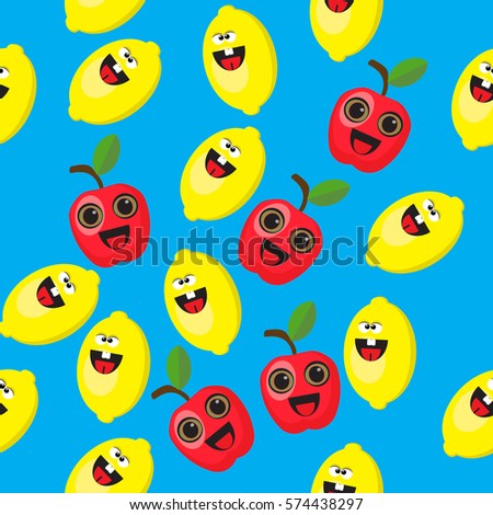 High quality original trendy seamless pattern with cute cartoon lemon and apple character with hands, legs and soft shadow isolated on blue background