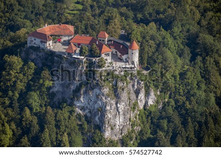Bled castle from the air, aerial shot, according to written sources, the oldest castle in Slovenia