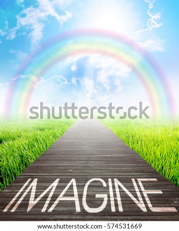 Wooden bridge and landscape background with imagine words, Business concept photo.