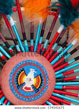 native american indian chief headdress. detail feather and dream catcher. decoration Redskins