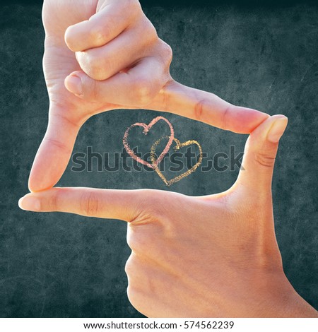 Women's Hands Make Focus Photo Frame Composition Isolated on Blackboard Classroom Chalkboard Background Texture Drawing Sign Heart Valentine