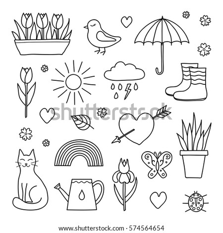 Collection of hand drawn outline spring items including sun, cloud, umbrella, boots, flowers, cat, bird, butterfly, ladybug and rainbow isolated on white background.