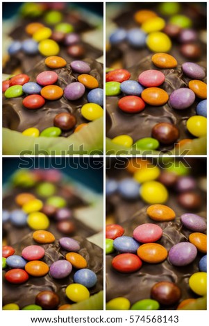 Fresh chocolate chip muffin with colorful chocolate bonbons