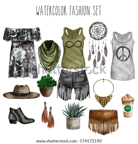 Watercolor digital illustration - watercolor fashion clip art set - Wardrobe essentials - Woman Apparel - Flat fashion sketch

