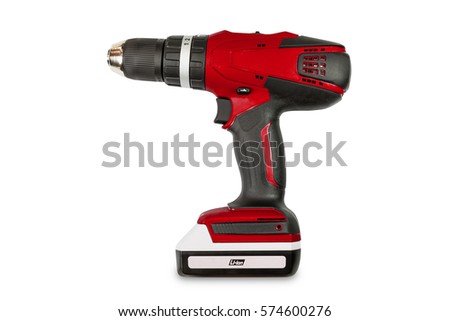 Red color cordless combi drill, can be used as normal drill, impact drill and screw driver, isolated on white background with clipping path Royalty-Free Stock Photo #574600276